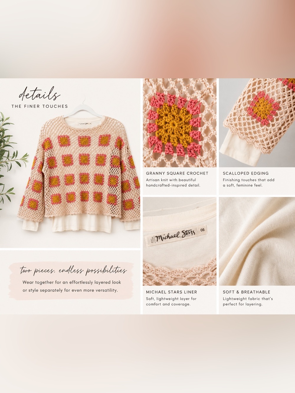 Michael Stars Charlie B Crochet Granny Square Layered Sweater Set - Picture 3 of 11